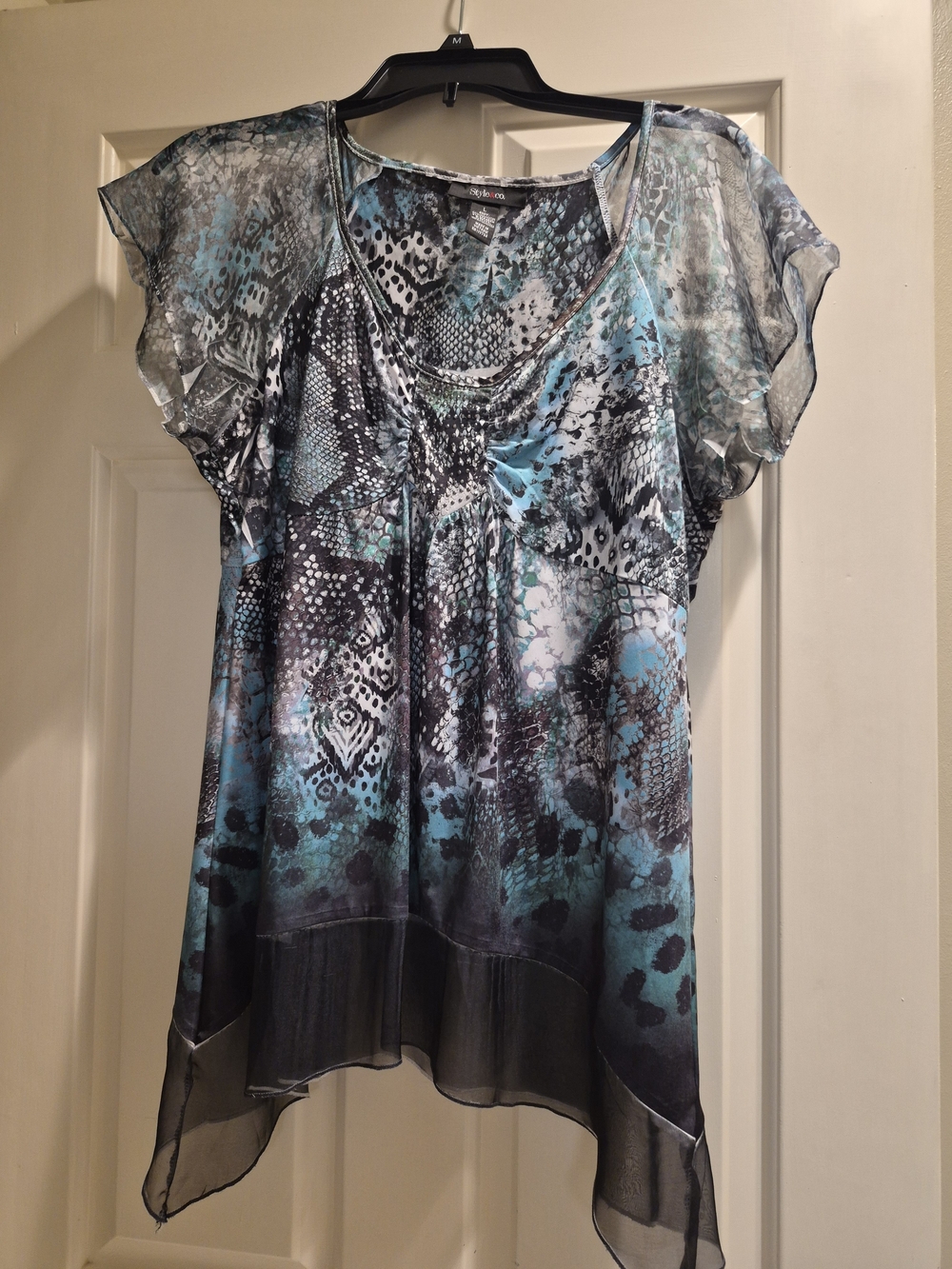 Style & Co. Blue and Gray Sheer Mixed-Print Blouse